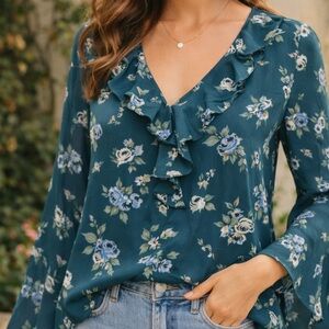 Sanctuary Floral Ruffle Blouse Teal Blue Rose Print Boho Romantic Top Medium